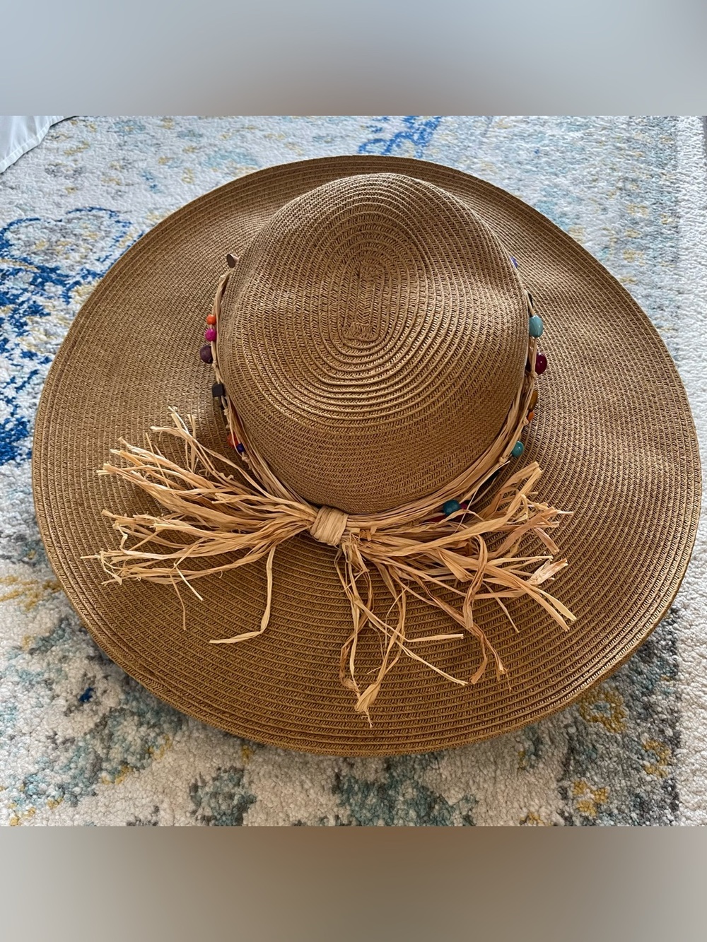 Sun N Sand Wide Brim Brown Straw Sun Hat with Multicolor Bead Trim